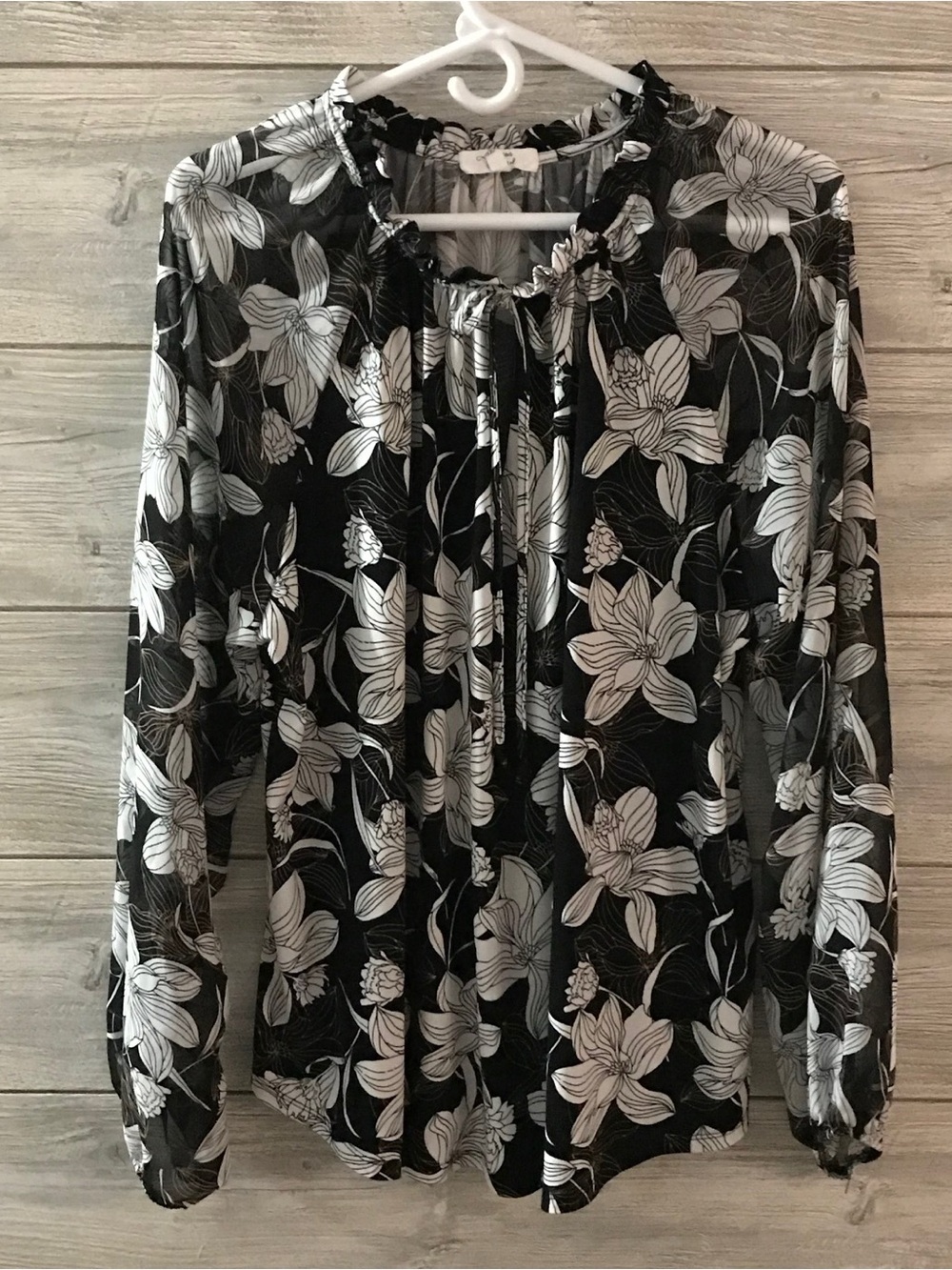 Beacon Apparel  Sheer Floral Tie-Neck Blouse